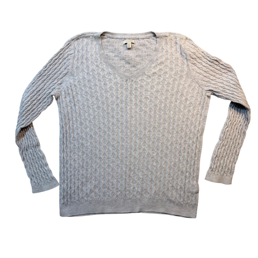 Gray Cable Knit V-Neck‎ Sweater Petite Large Soft Classic Gilmore Girls classic